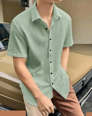 MUMIN Men Self Design Casual Light Green Shirt