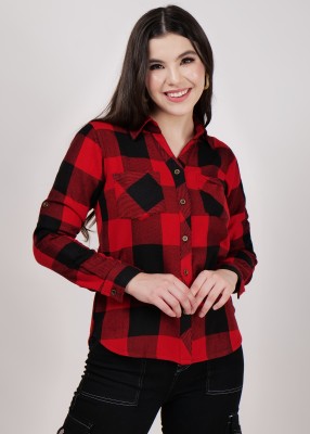 2ish Women Printed, Checkered Casual Black, Red Shirt