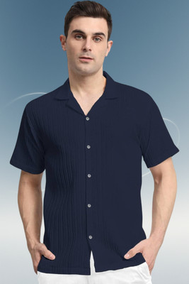 A DEEMOON TREND Men Self Design Casual Dark Blue Shirt