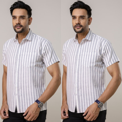 AUZAAI COLLECTION Men Striped Casual Grey Shirt(Pack of 2)