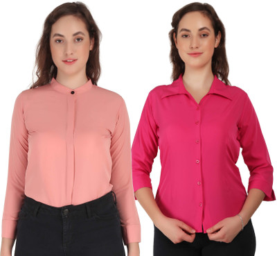 Hunoor Women Solid Casual Pink Shirt(Pack of 2)