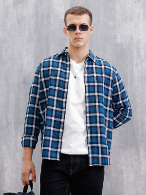 WROGN Men Checkered Casual Dark Blue Shirt