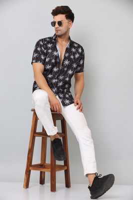v elegant Men Printed Casual Black, White Shirt