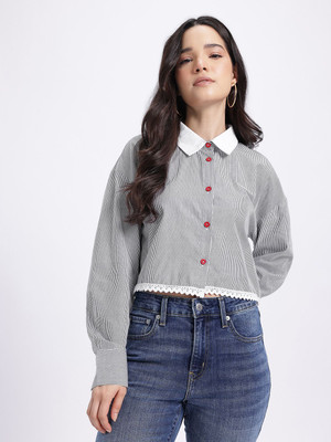 Glitchez Women Striped Casual Black, White Shirt