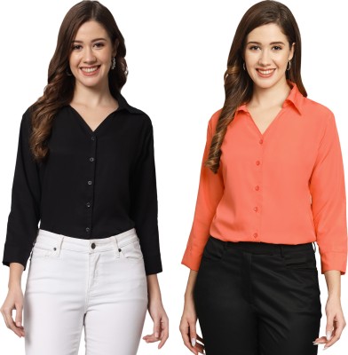 FUNDAY FASHION Women Solid Casual Black, Orange Shirt(Pack of 2)