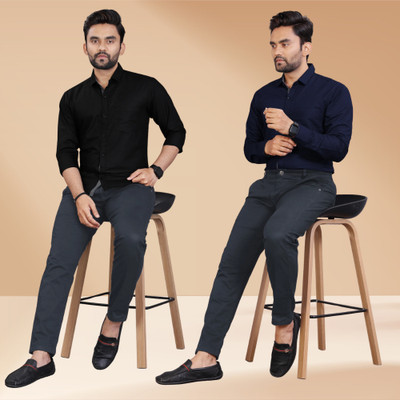 NrV Fashion Men Solid Casual Black, Blue Shirt(Pack of 2)