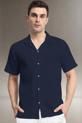 A DEEMOON TREND Men Striped, Self Design Casual Dark Blue Shirt