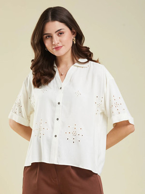 J TURRITOPSIS Women Embroidered Casual White Shirt