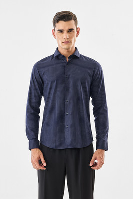Snitch Men Striped Formal Dark Blue Shirt