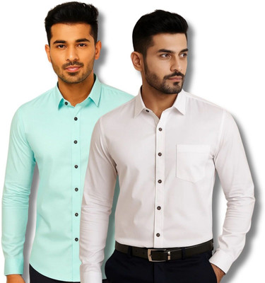 ClothTheory Men Solid Casual Light Blue, White Shirt(Pack of 2)