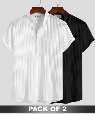 HEAVEN Men Striped Casual White, Black Shirt