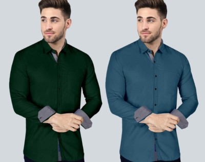 VTEXX Men Solid Casual Dark Green, Blue Shirt(Pack of 2)