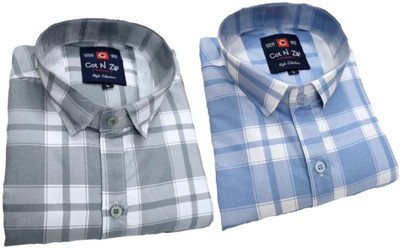 COTnZIP Men Checkered Casual Blue, Grey, White Shirt(Pack of 2)
