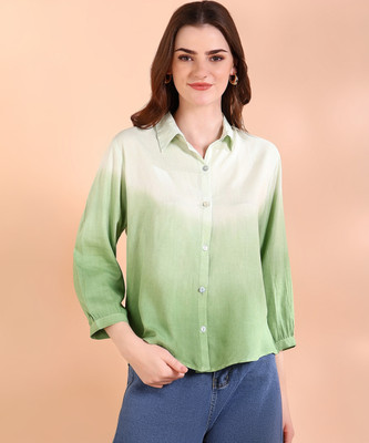 maaesa Women Color Block Casual Green Shirt