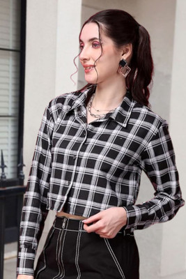 POPWINGS Women Checkered Casual Black Shirt