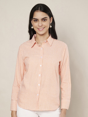 Trend Level Women Striped Casual Orange Shirt