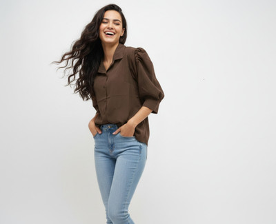Kagul Women Solid Formal Brown Shirt