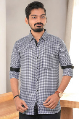 PUBHIZA Men Checkered Casual Dark Blue Shirt