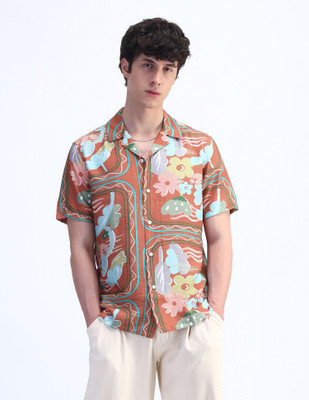 FLYING MACHINE Men Floral Print Casual Orange Shirt