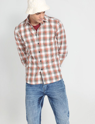 FLYING MACHINE Men Checkered Casual Brown Shirt