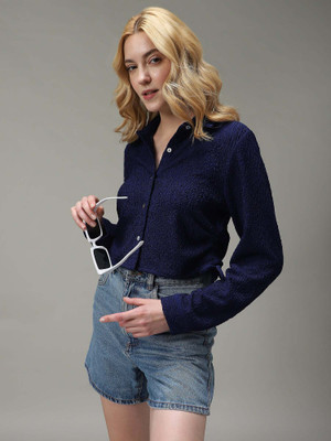 OUTZIDR Women Solid Casual Blue Shirt