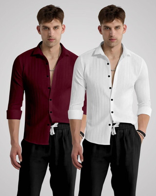 kruze Men Self Design Casual Maroon, White Shirt(Pack of 2)