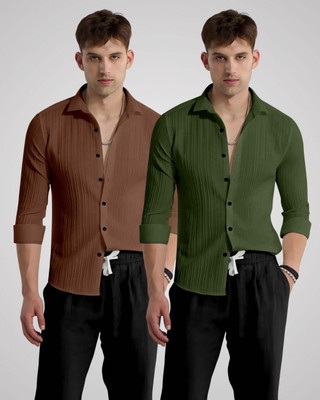 kruze Men Self Design Casual Brown, Green Shirt(Pack of 2)