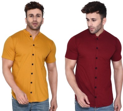 GEUM Men Solid Formal Yellow, Maroon Shirt(Pack of 2)