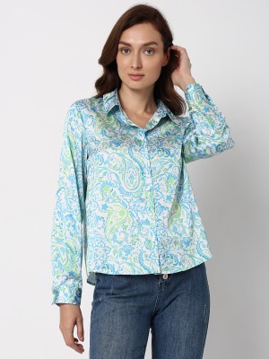 VERO MODA Women Printed Casual Light Blue, Light Green, White Shirt