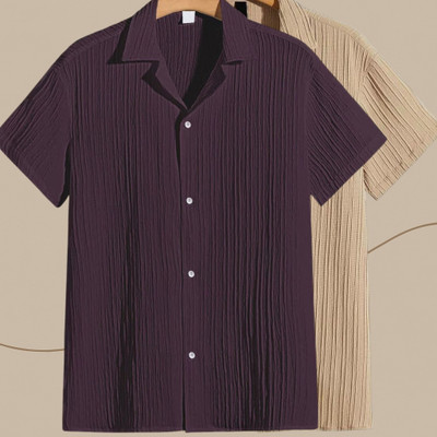 Jenil Fashion Men Self Design Casual Purple, Cream Shirt(Pack of 2)