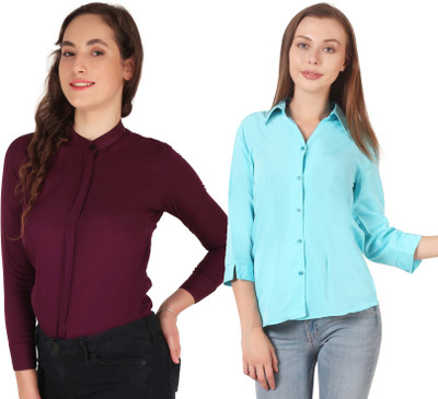 Mamnoon Women Solid Casual Light Blue, Maroon Shirt(Pack of 2)
