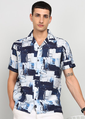 KILLER Men Printed Casual Dark Blue Shirt