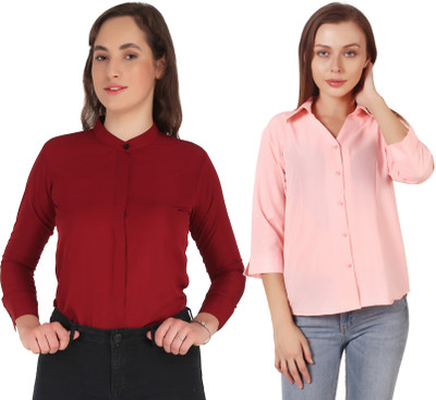 Hunoor Women Solid Formal Pink, Maroon Shirt(Pack of 2)