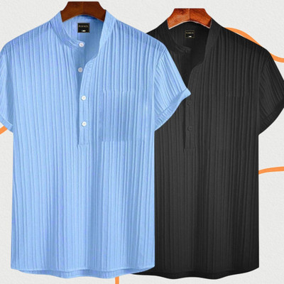 Looksky Men Self Design Casual Light Blue, Black Shirt(Pack of 2)
