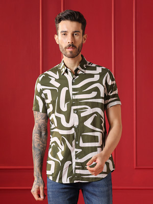 VALENCLUB Men Printed Casual Dark Green, White Shirt