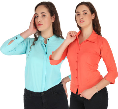 Mamnoon Women Solid Formal Blue, Pink Shirt(Pack of 2)
