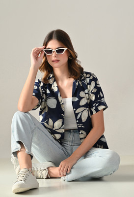 FUBACK Women Floral Print Casual Blue Shirt