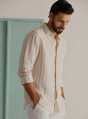 Andamen Men Striped Casual Beige Shirt