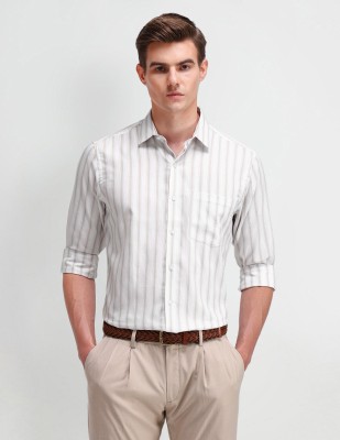 ARROW Men Striped Formal Beige Shirt