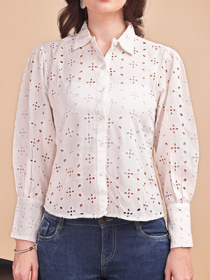 ARVILAS Women Embroidered Casual White Shirt