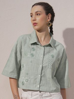 Vishudh Women Self Design Casual Green Shirt