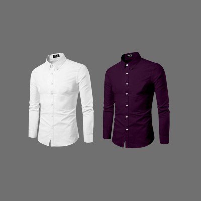 EVIQE Men Solid Casual White, Purple Shirt(Pack of 2)