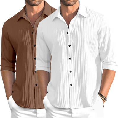 OXXOM Men Self Design Casual Brown, White Shirt(Pack of 2)