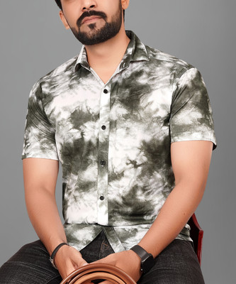 Voroxy Men Dyed/Ombre Casual Dark Green, White Shirt