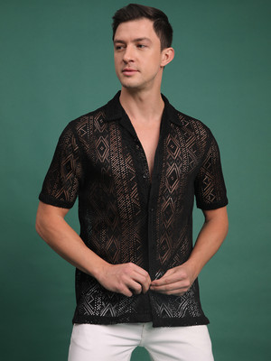 Voroxy Men Self Design Casual Black Shirt