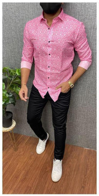 Style Grove Men Printed Casual Pink Shirt