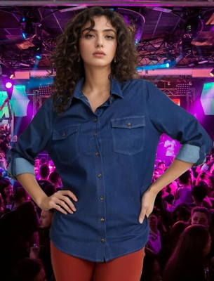 Wingzss Women Self Design Casual Blue Shirt