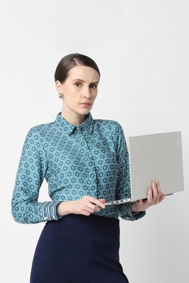 VAN HEUSEN Women Printed Formal Light Blue Shirt