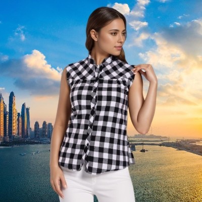 Wingzss Women Checkered Casual White, Black Shirt