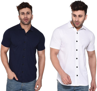 GEUM Men Solid Formal Dark Blue, White Shirt(Pack of 2)